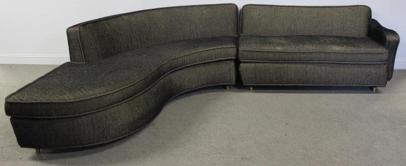 Midcentury Upholstered Curved 2 Piece Sofa.: Sectional sofa with nice curves. Reupholstered in good quality. Unmarked. From an Englewood, NJ estate . estate. Dimensions: 108" w x 38" d x 30" h and 61" w x 34" d x 30" h.