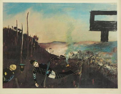 NOLAN, Sidney. Offset Lithograph "Morning Camp": From "Ned Kelly II". Pencil signed lower right, blind stamp lower right, numbered 41/75 lower left. Sidney Nolan (Australian, 1917–1992). From a Park Row, NYC estate. Dimensions: Image - 18.75" high