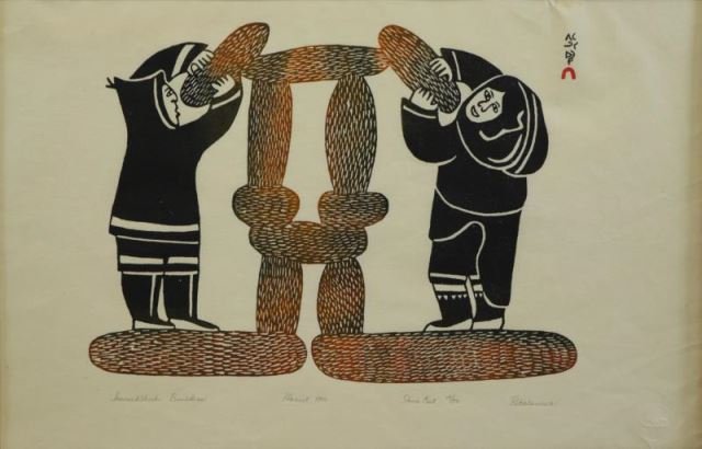 SAILA, Pitaloosie (Pitalouisa). 1970 Stone Cut: "Innukshuk Builders". Signed 'Pitalouisa' lower right and further inscribed, titled, and numbered 17/50 in the lower margin. Pitaloosie Saila (Inuit, b.1942). From a Queens, NY estate. Dimensions: She