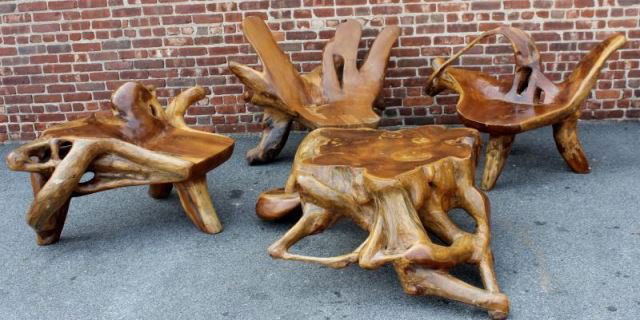 Carved Teak Root Chair and Table Lot. (1 of 7)