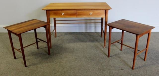 Midcentury Paul McCobb Style 2 Drawer Nesting Table.: Large two door side table with incredible craftsmanship in solid wood. Together with two matching nesting tables that into stand below. Back of largest piece with slats. Unmarked. From a Port Chester,