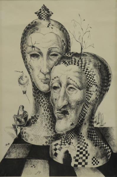 Signed 1989 Israeli Ink on Paper Drawing. (1 of 5)