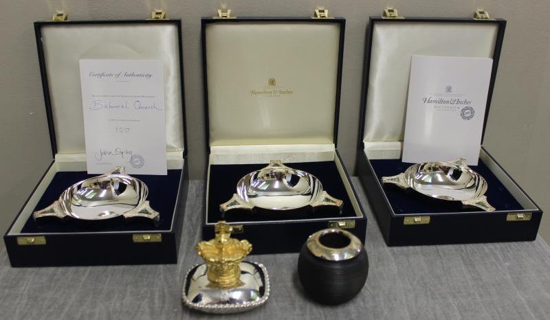 STERLING. Three Hamilton & Inches: of Edinburgh sterling Balmoral Quaichs (7.2 oz troy each), plus a small covered dish with a gilded crown (11.5 oz troy), plus a Hamilton & Inches ebony match striker. (NOTE- this is Identical to previ