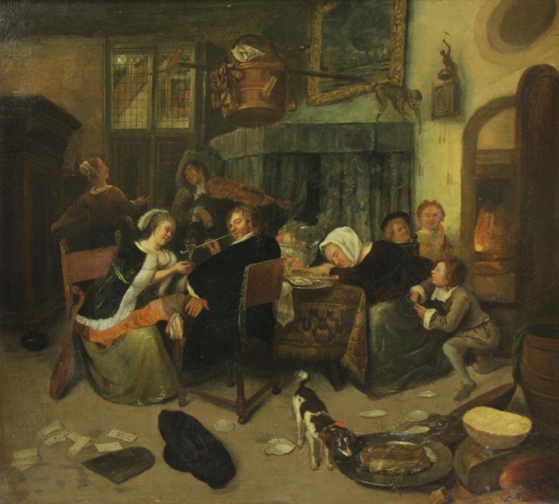 19th C. Oil on Canvas after JAN STEEN. "Dissolute: Household". A 19th century reproduction after the original 17th century Dutch painting. Inscribed 'George' in ink on old label verso. From a Bedford Corners, NY estate. Dimensions: 33" high x 36" wide
