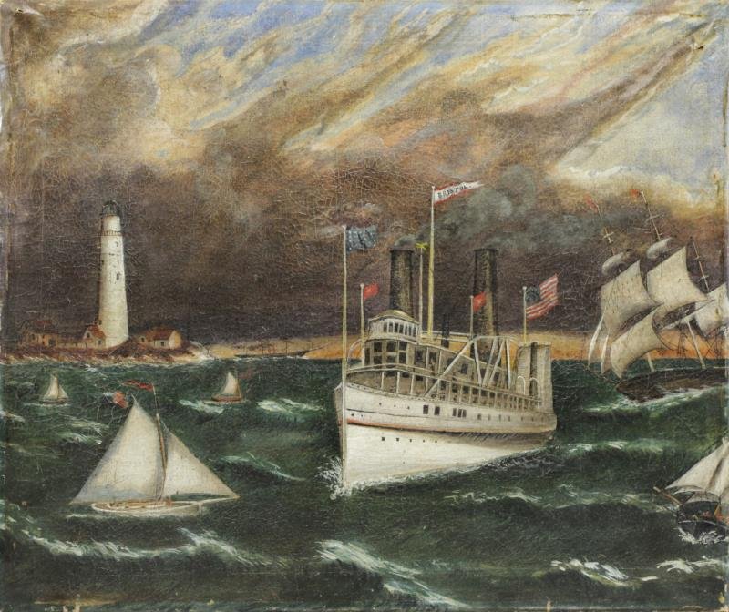 19th C. Oil on Canvas of the Fall River Steamship (1 of 6)