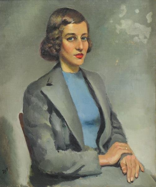 DYF, Marcel. Oil on Canvas. Portrait of a Woman in: a Gray Suit. Signed lower left. Marcel Dyf (French, 1899 - 1985). The authenticity of this work has been confirmed by Ms. Claudine Dyf. From a Brooklyn, NY estate. Dimensions: 25.5" high x 21.5" wide.