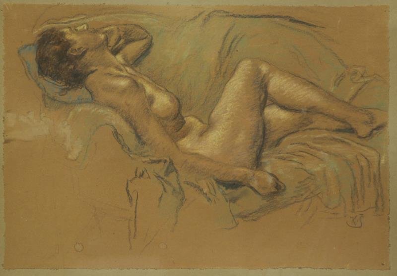 SPILLAR, Karl. Pastel and Charcoal on Paper.: Reclining Nude. Initialed lower right. Karel Spillar (Czech, 1871 - 1939). From a Hoboken, NJ home. Dimensions: Sheet - 11.5" high x 17" wide. Condition: Moisture staining at center left and two small