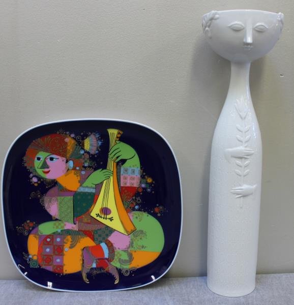ROSENTHAL Porcelain Lot Designed By Bjorn Winblad.: Includes a charger, 12" x 12," and a figural vase, 5" w x 18.25" h. From a Stamford CT, home. Condition: good.