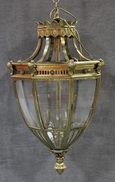 Finest Quality Brass Hurricane Chandelier .: Heavy and great quality with rosette , foliate design and pineapple finial .From a New Rochelle NY estate . Dimensions: 26" H x 18.5" W approx Condition: i glass with damage