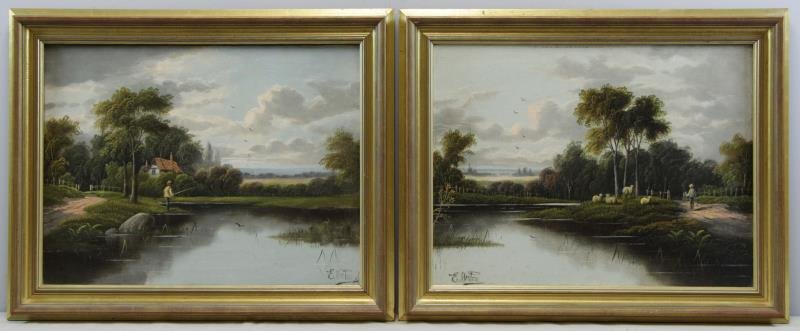 HORTON, Etty. Pair of Oils on Canvas. English: River Landscapes. Both signed. Etty Horton (English, fl.1882 - 1905). From a Queens, NY estate. Dimensions: 15" high x 20" wide. Condition: Both lined. Some minor soiling, area craquelure and frame ab