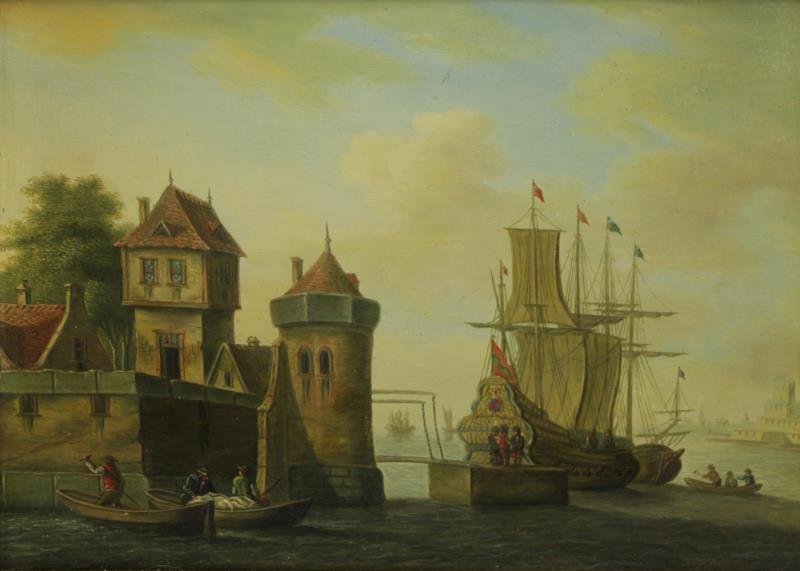 19th C. Oil on Wood Panel. Ships in Dutch Harbor. (1 of 7)