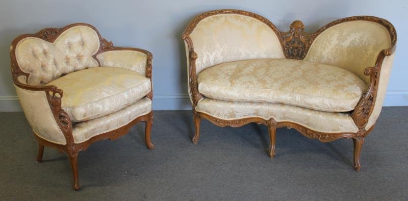 Louis XV Style Finely Carved, Down Filled Settee &: Chair. A great set. The fabric is probably silk, circa 1930. From an Ossining, NY estate. Settee: 53" w x 24" d x 33" h. Chair: 35.5" w x 23" d x 32" h. Condition: good.