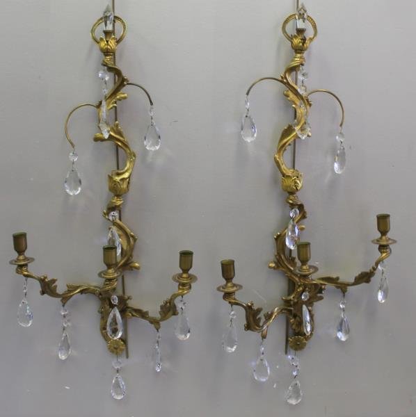 A Pair of Dore Bronze and Crystal 3 Arm Sconces. (1 of 4)