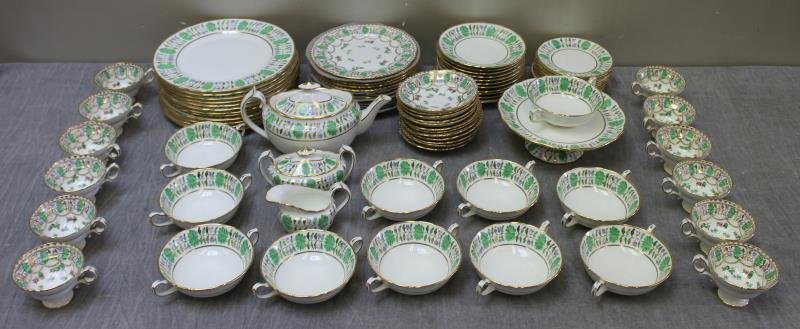 Hammersley "Palmetto" for Tiffany & Co.: Porcelain Dinner Service. Includes 12 dinner plates (10.75" diameter, 12 salad plates (8.25" diameter, 1 with repair), 11 cream soup bowls with saucers (one bowl with crack), 11 bread and butter plate