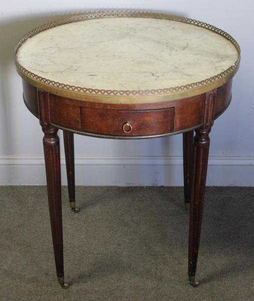 Antique Marbletop Builloitte Table with Pull Outs: and Brass Gallery. From a Bronxville estate. Dimensions: 25.5" dia x 29.5" H Condition: scuffs, scratches.