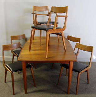 Midcentury Danish Dining Set Including 6 Chairs.: Teak dining table with 2 interior leaves together with 6 teak Danish dining chairs designed by Erik Christensen for Slagelse Mobelvaerk. with upholstered seats. Seats with Spivack retailer upholstery