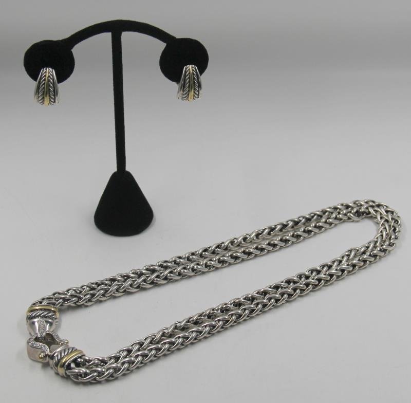 JEWELRY. David Yurman Demi Parure.: Includes a David Yurman sterling double wheat chain with large decorative clasp with 18kt yellow gold detailing and diamond accents - stamped, "D. Yurman/925/750". Accompanied by a pair of David Yurma