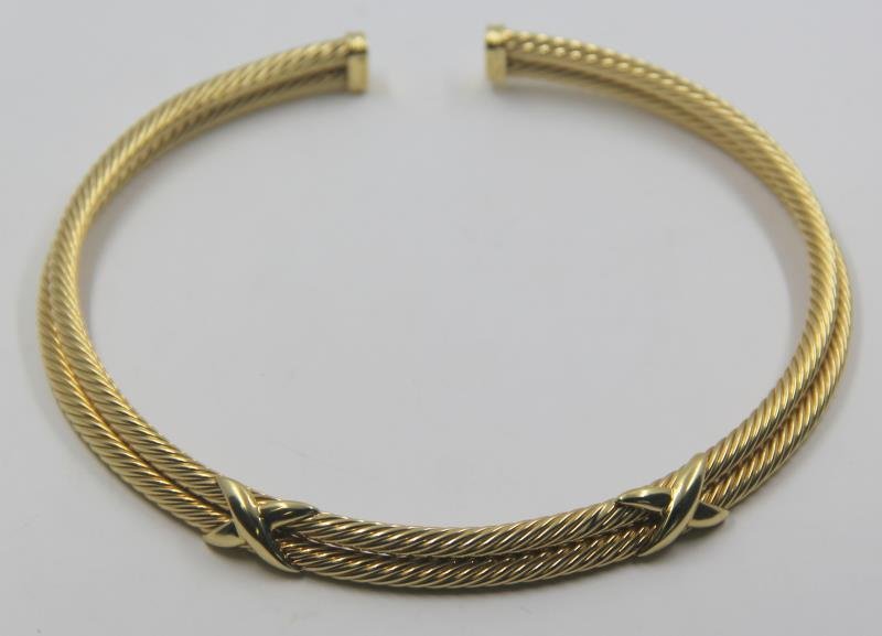 JEWELRY. David Yurman 18kt Gold Necklace.: Double band choker style necklace with 2 applied X's. Stamped, "Yurman/750". Total approx. weight is 43.8 dwt. From the collection of a personal friend of David Yurman.