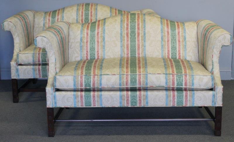 Pair of Kindel Upholstered Wing Arm Love Seats. (1 of 5)