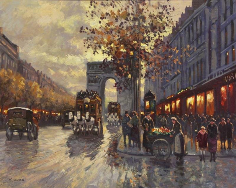 OWEN, R. Oil on Canvas. L’Arc de Triomphe.: In the manner of Edouard Cortes. Signed lower left. From an abandoned Westchester, NY storage unit. Dimensions: 40" high x 50" wide. Condition: Good. All lots from the Westchester, NY storage room as