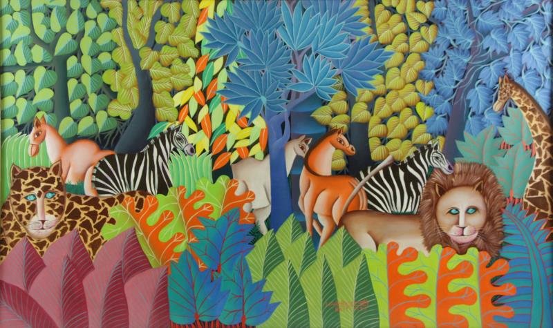 ROSEMOND, Louis. Oil on Canvas. Jungle Scene.: Signed and dated 1993 lower right. Louis Rosemond (Haitian, 20th/21st C). From a Mamaroneck, NY home. Dimensions: 35.75" high x 60" wide. Condition: Good.