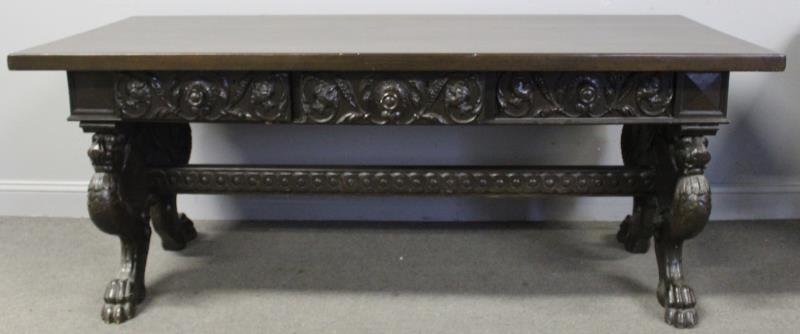 Highly Carved 3 Drawer Library Table Raised On (1 of 5)