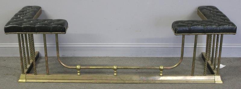 Green Tufted Leather and Brass Fire Place Fender. (1 of 5)