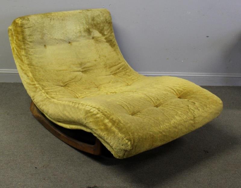 Midcentury Adrian Pearsall Rocking Chaise Lounge.: Attributed to Adrian Pearsall and unmarked. Rocking chaise lounge with upholstered seat and shaped wooden base. From a Greenwich, CT estate. Dimensions: 39" w x 50" d x 31" h. Condition: Upholstery as