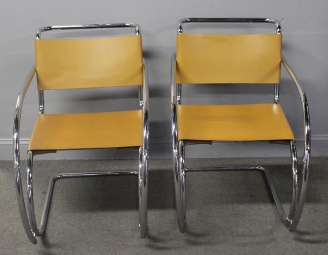 Pair of Modern MR-10 Style Chrome Chairs.: Contemporary in the style of the MR 10 chairs by Mies Van Der Rohe. Great unusued condition. From a Dimensions: 21" w x 30" d x 32" h. Condition: Good.