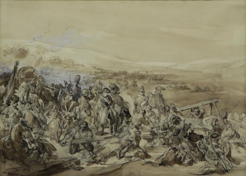 BELLANGE, Joseph L. H. "The Crossing of the: Berenzia" Sepia wash and charcoal heightened with white on paper. Not visibly signed. Copy of the catalog listing from the 1975 Exhibition of French Drawings Post Neo-Classicism at P. and D. Colnaghi 