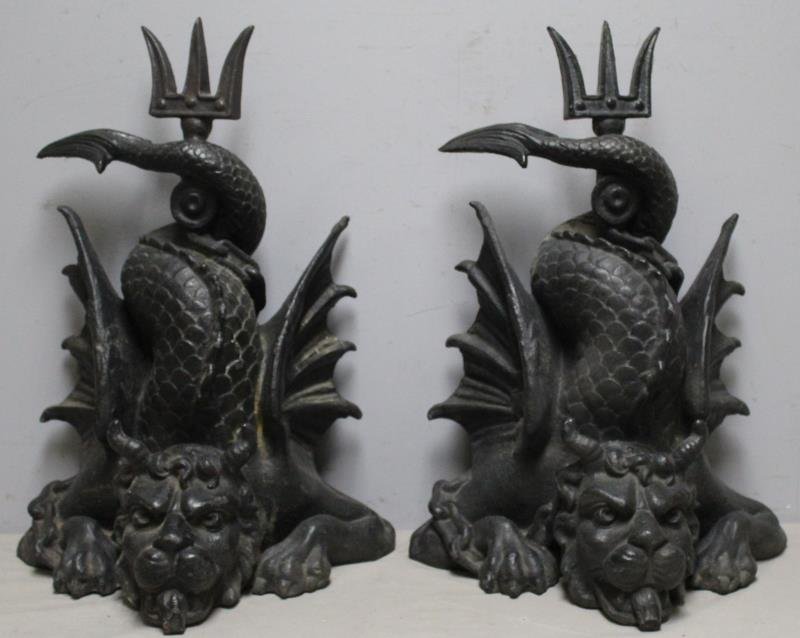 Pair of Large Serpent Form Wrought Iron Andirons. (1 of 5)