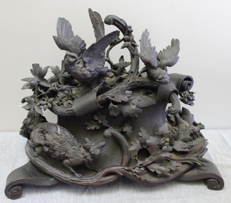 Fantastic Quality Antique Carved Black Forest: coffer (21.5" wide x 17.25" tall x 14" deep). Exuberantly carved with a full figured fox stalking four game birds. Some minor losses to tips of leaves, generally excellent. Interior lined in tan velve