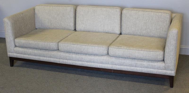 Modern Edward Wormley for Widdicomb Style Sofa.: Four seat sofa in neutral gray and dark stained legs on base. Unmarked. From a Brooklyn, NY estate. Condition: Good with some minor staining. Light wear to feet but overall good. Dimensions: 83" w x 3