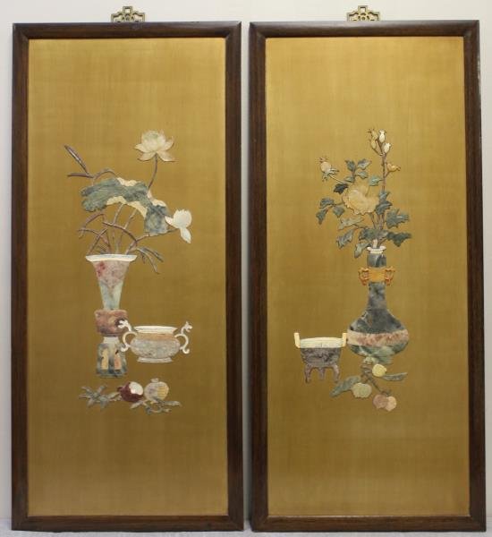 Pair of Lacquered & Hardstone Inlaid Plaques.: Each plaque inset with multiple hardstones and abalone form vases with flowers and censors. From an Ossining, NY estate. Dimensions: overall 44"H x 20"W