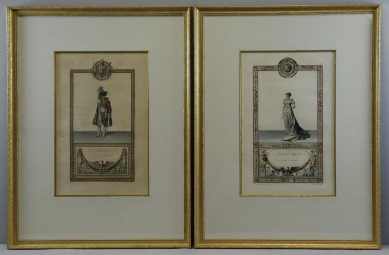 Pair of Napoleonic Hand Colored Engravings.: "L’Empereur en petit costume" & "L'Imperatrice en petit Costume". Engraved by Jean-François Ribault (1767-1820) after Jean-Baptiste Isabey (1767-1855). From a Harrison, NY estate. Dimensions: Sight