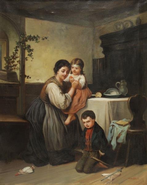 WALTER, J. 19th C. Oil on Canvas. Mother with: Children. Signed lower right. From a Harrison, NY estate. Dimensions: 26.75" high x 21.75" wide. Condition: Stretcher marks and area craquelure.
