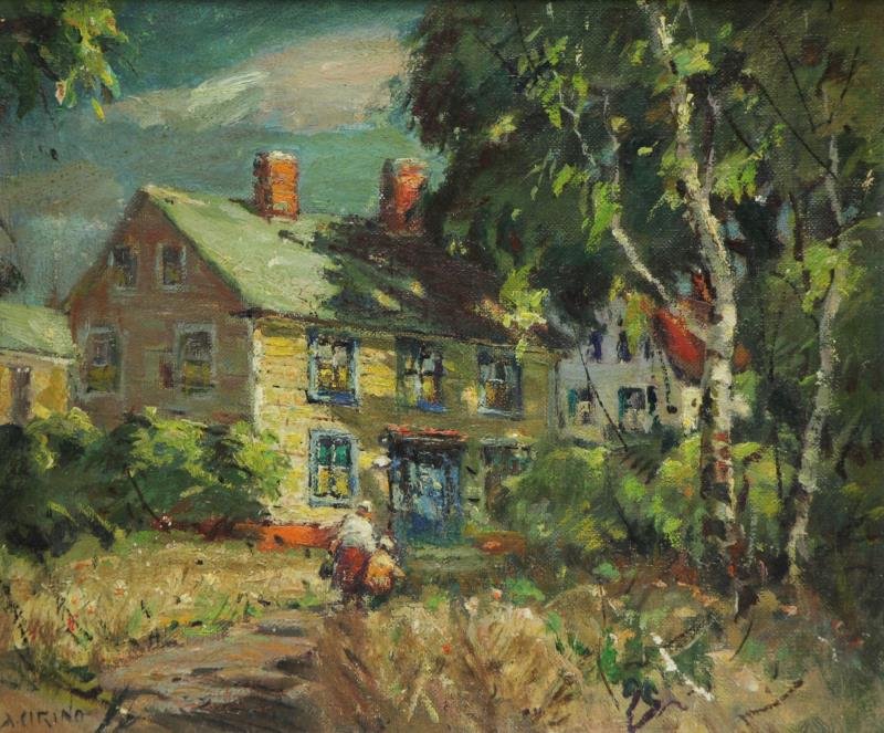 CIRINO, Antonio. Oil on Board "Old Homestead".: Singed lower left. 1965 Salmagundi Club exhibition label affixed verso. Antonio Cirino (American, 1889 - 1983). From a Great Neck, NY estate. Dimensions: 10" high x 12" wide. Condition: Good.