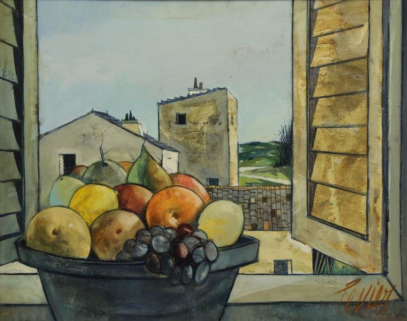 LEVIER, Charles. Oil on Canvas "Fruito".: Signed lower right and further signed and titled verso. Charles Levier (French, 1920 - 2003). From a Westchester, NY estate. Dimensions: 24" high x 30" wide. Condition: Good, light surface soiling to 