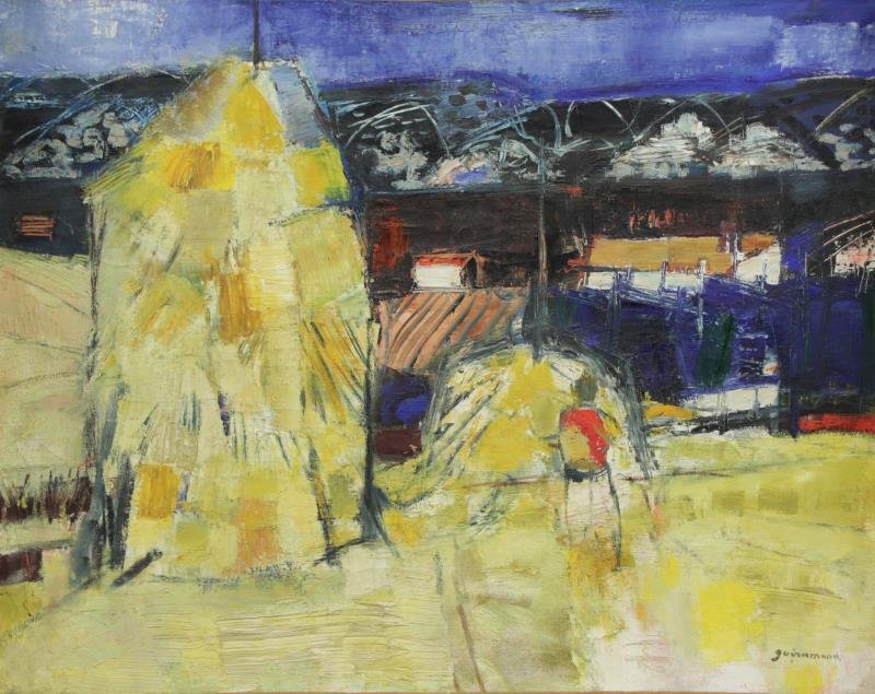 GUIRAMAND, Paul. Oil on Canvas. "Les Meules a: Palombara". Signed lower right. Paul Guiramand (French, 1926 - 2008). From a Manhattan, NY location. Dimensions: 28.5" high x 36.25" wide. Condition: Craquelure. Otherwise good.