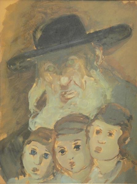 MANE-KATZ. Gouache on Paper. Rabbi with Three: Children. Signed upper right. In a Heydenryk frame. Mané-Katz (French/Ukrainian, 1894-1962). From the collection of a non-profit Jewish organization. Dimensions: Sight - 23.25" high x 17.5" wide. Con