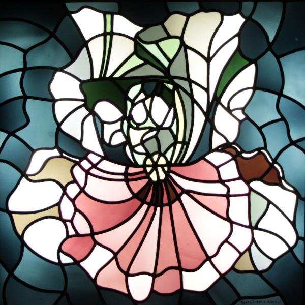 NESBITT, Lowell. Stained Glass Panel "Iris".: In electrified artist made wood box frame with working light. Signed, numbered 5/100 and dated 1980 lower right. Lowell Nesbitt (American, 1933–1993). From a Huntington, NY location. Dimensions: Ove