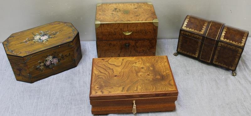 Lot of Assorted Vintage Boxes.: Including a regency walnut and brass inlaid with leather compartment interior, signed Felix Salmon - 11" w x 7.5" d x 9" h, a paint decorated Adams style - 13" w x 8" d x 6"h, a leather dome top on cl