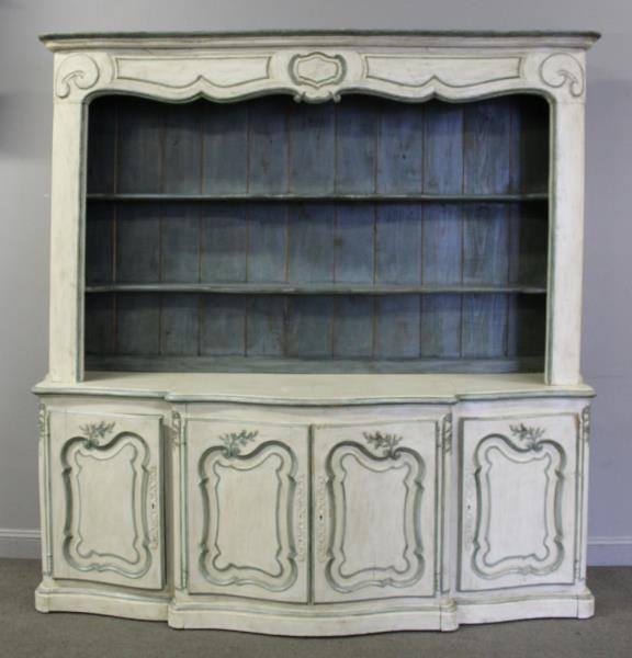 Quality Antique Paint Decorated French Step Back: Cabinet. A great looking and very functional cabinet with open front and serpentine front. From a Harrison, NY estate. Dimensions: 90" w x 24" d x 92" h. Condition: Good.