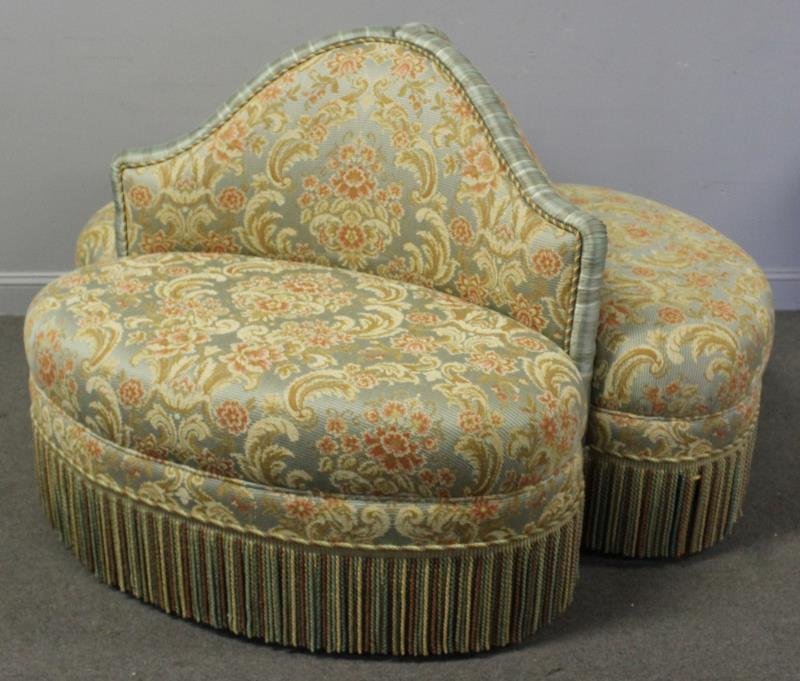 Art Deco Style Upholstered 3 Seat Tete A Tete: Great quality and condition with custom upholstery and fringe. From a Harrison, NY estate. Dimensions: approx. 62" diameter. Condition: good.