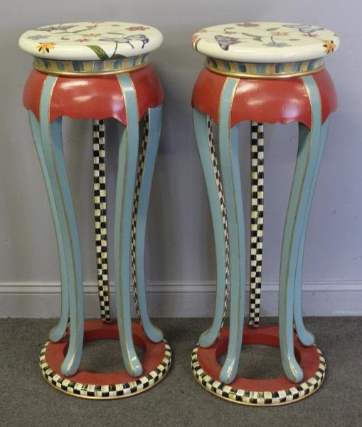 McKenzie, Childs. Pair of Paint Decorated Pedestal: Signed on the base and from a Greenwich, CT estate. Condition: good. The dimension for the pedestals is 16.5"w x 16.5"d x 40"h.