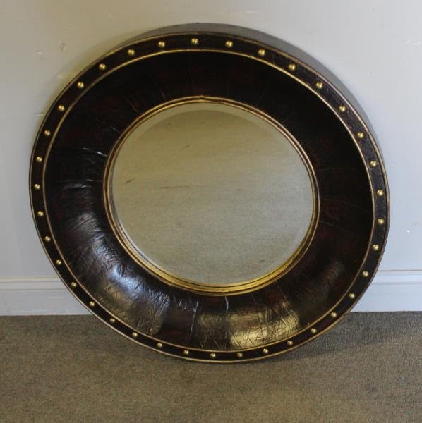 Leather Wrapped Bullseye Style Beveled Mirror: From a Harrison NY estate . Dimensions: 33"dia Condition: good