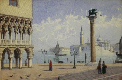 BOYS, Thomas Shotter. Watercolor "Piazza San Marco: Venice". Monogrammed lower right. Raydon Gallery, New York label affixed verso. Thomas Shotter Boys (British, 1803 - 1874). From a Greenwich, CT home. Dimensions: Sight - 6" high x 9" wide. Condition: