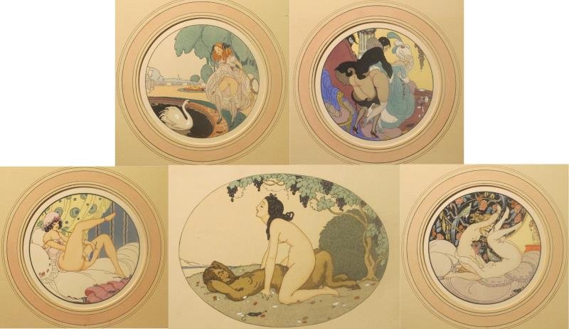 WEGENGER, Gerda. Lot of 5 Erotic Pochoirs "Les: Delassements d'Eros". Illustrations of Alexandre Verineau (or Louis Perceau) "Lascivious Sonnets". First edition printed in 1917 with an additional printing in 1924. Gerda Wegener (Danish, 1886 – 19
