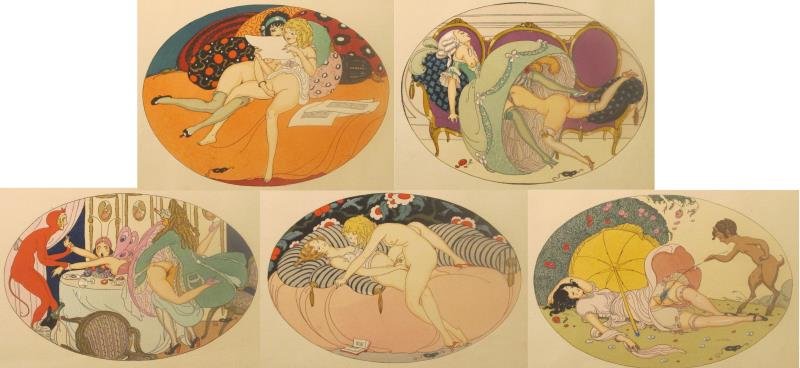 WEGENGER, Gerda. Lot of 5 Erotic Pochoirs "Les: Delassements d'Eros". Illustrations of Alexandre Verineau (or Louis Perceau) "Lascivious Sonnets". First edition printed in 1917 with an additional printing in 1924. Gerda Wegener (Danish, 1886 – 19