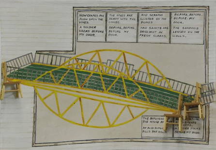 ARMANJANI, Siah. "A Bridge with Three Chairs: A: Poem by Wallace Stevens" 1992. Oil and wood on terracotta. Signed, titled and dated verso. Siah Armajani (Iranian American, b.,1939). From a Rye, NY estate. Dimensions: 14" high x 19.75" wide x 3.75"